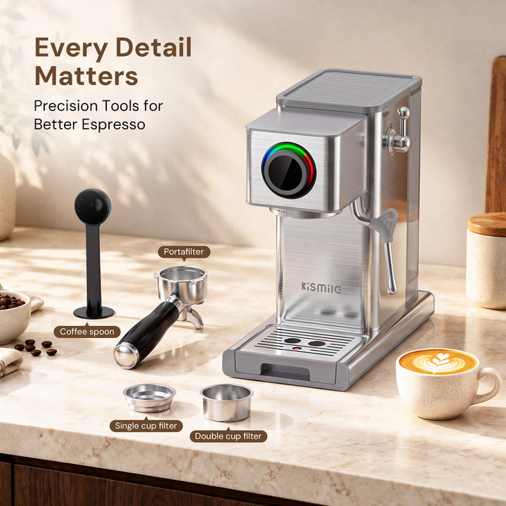 Kismile 20 Bar Semi-Automatic Espresso Machine with LED Pressure Gauge & Milk Frother for Home CM9351 - Kismile