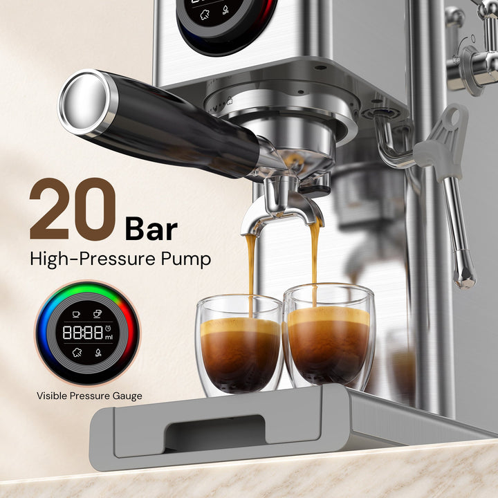 Kismile 20 Bar Semi-Automatic Espresso Machine with LED Pressure Gauge & Milk Frother for Home CM9351 - Kismile