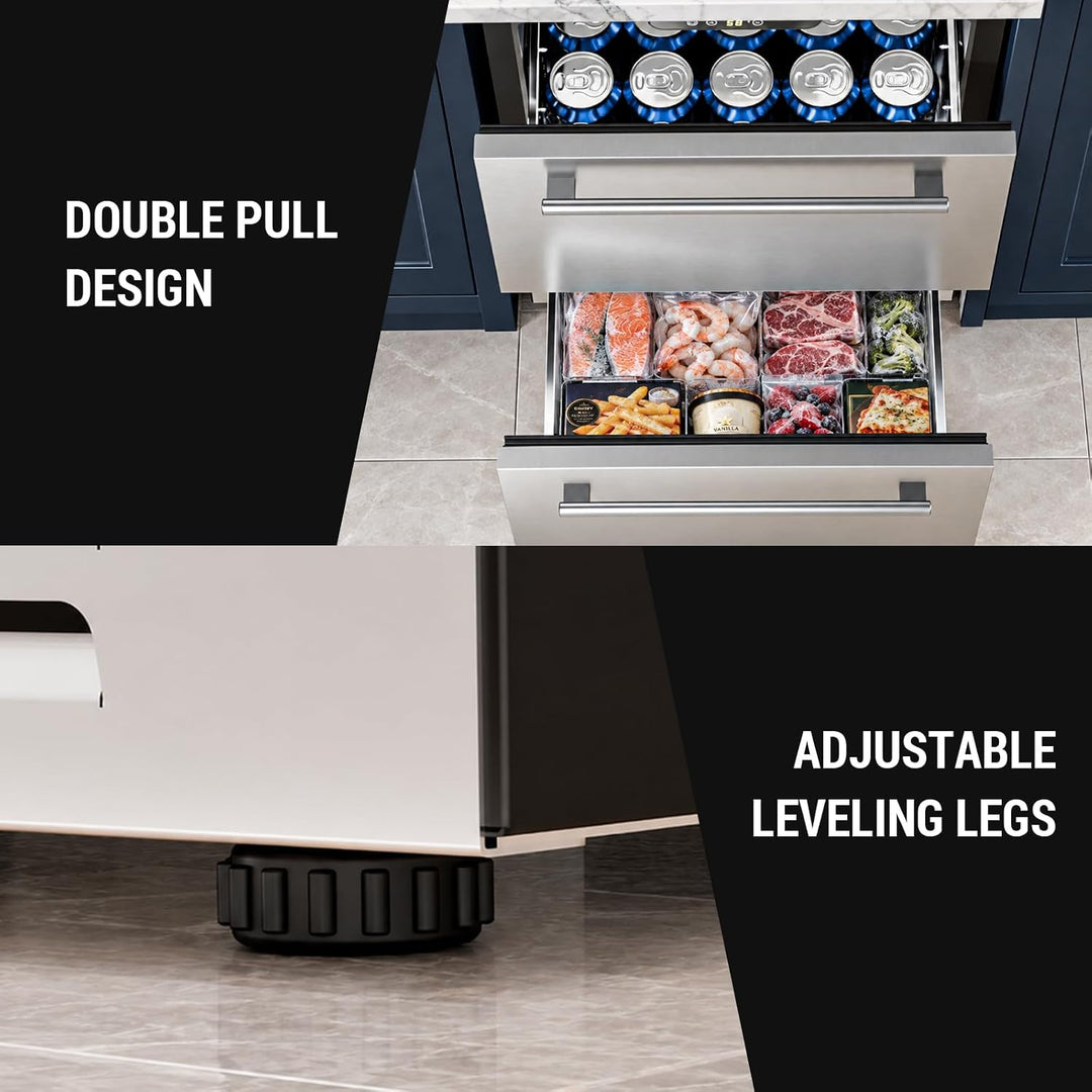 Kismile 24 Inch Built-In Double Drawer Refrigerator, 5.0 Cu.Ft Under Counter Beverage Fridge for Wine & Beer, Stainless Steel - Kismile