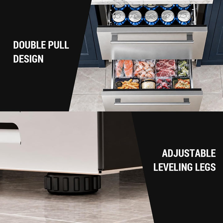 Kismile 24 Inch Built-In Double Drawer Refrigerator, 5.0 Cu.Ft Under Counter Beverage Fridge for Wine & Beer, Stainless Steel - Kismile