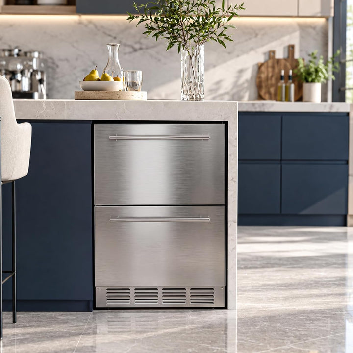 Kismile 24 Inch Built-In Double Drawer Refrigerator, 5.0 Cu.Ft Under Counter Beverage Fridge for Wine & Beer, Stainless Steel - Kismile