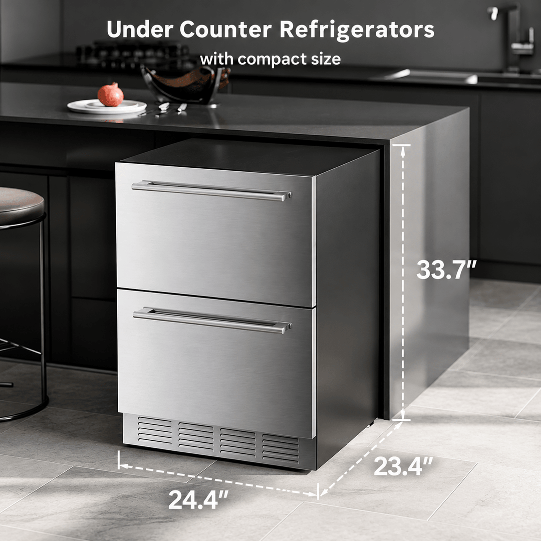 Kismile 24 Inch Built-In Double Drawer Refrigerator, 5.0 Cu.Ft Under Counter Beverage Fridge for Wine & Beer, Stainless Steel - Kismile