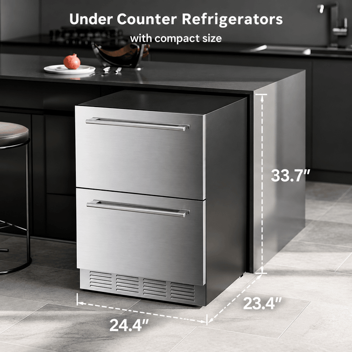 Kismile 24 Inch Built-In Double Drawer Refrigerator, 5.0 Cu.Ft Under Counter Beverage Fridge for Wine & Beer, Stainless Steel - Kismile