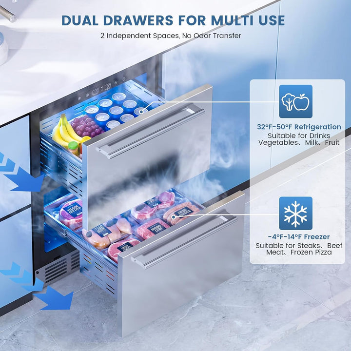 Kismile 24-Inch Double Drawer Beverage Refrigerator with Freezer RE58120 - Kismile
