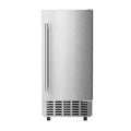 A stainless steel undercounter refrigerator with a single vertical handle and a vented base, shown against a plain white background.
