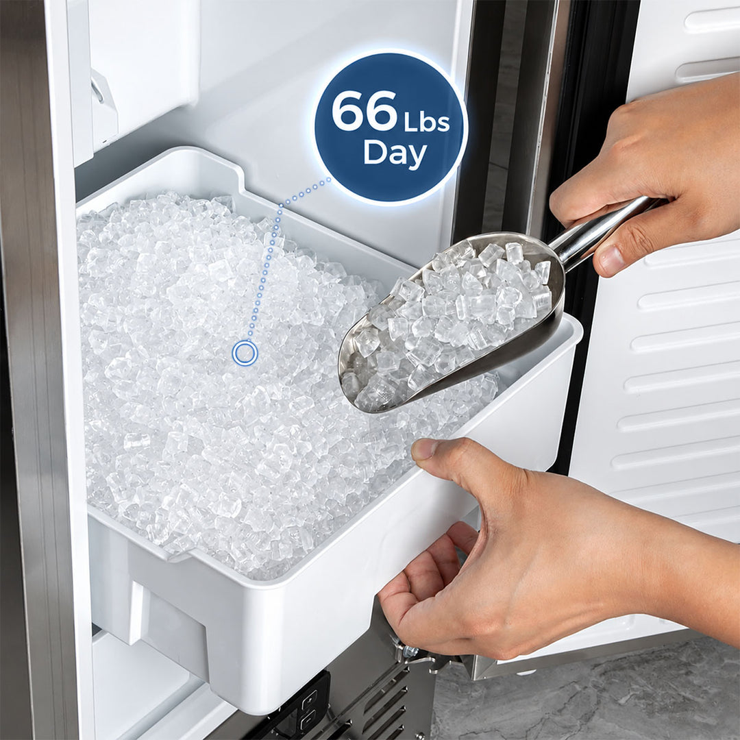 A close-up of a white refrigerator ice dispenser drawer filled with crushed ice, with a metal scoop holding some ice. A blue circular badge reads '66 Lbs Day' and points to the ice.