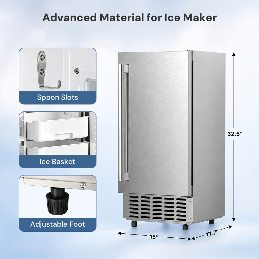 Stainless steel undercounter ice maker refrigerator with dimension labels showing 32.5" height, 15" width, and 17.