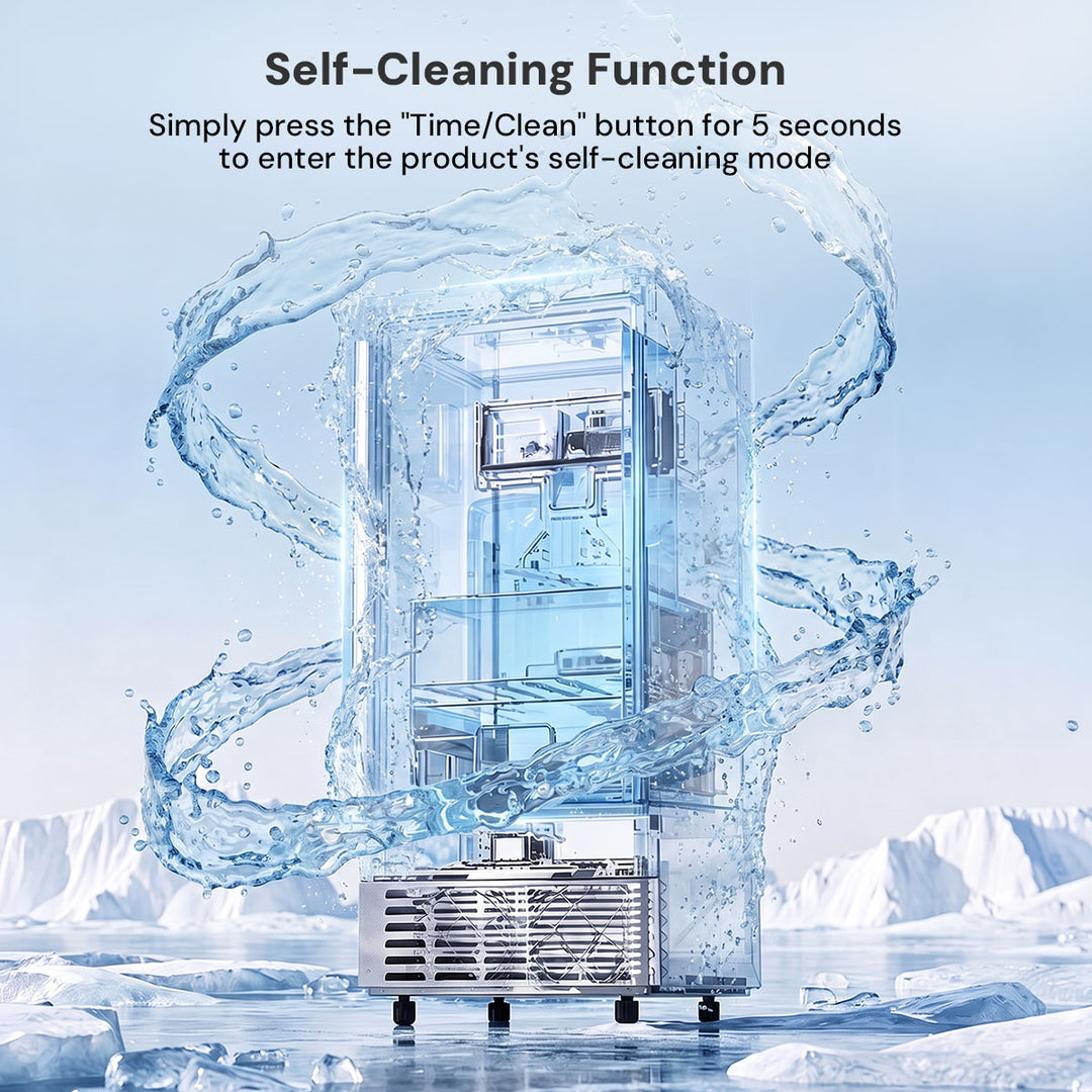 A transparent glass or acrylic refrigerator shown in a icy outdoor scene with water splashes around it and text at the top explaining a self-cleaning function.