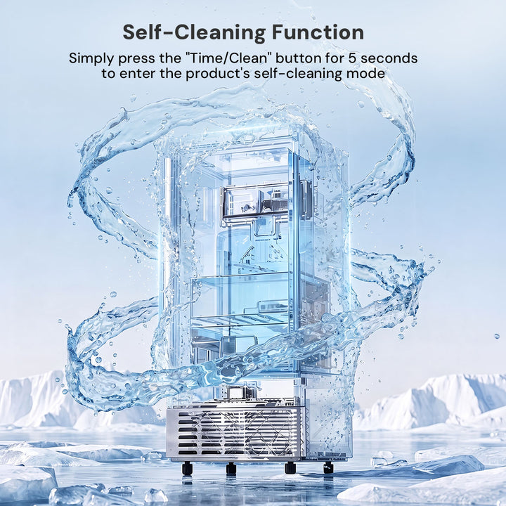A transparent glass or acrylic refrigerator shown in a icy outdoor scene with water splashes around it and text at the top explaining a self-cleaning function.