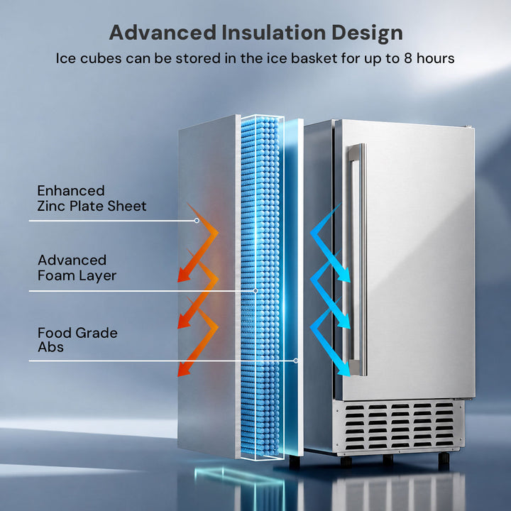 A stainless steel undercounter refrigerator shown with callout text and arrows explaining its insulation features, including enhanced zinc plate sheet, advanced foam layer, and food grade abs, on a blue-gray gradient background.