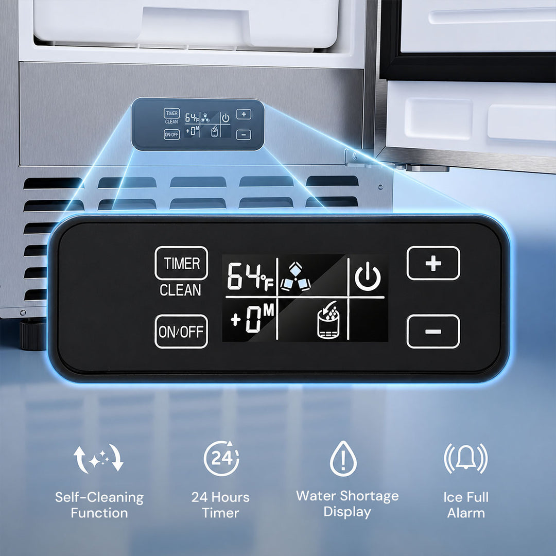 A close-up of a digital control panel with illuminated display and buttons, shown in front of a stainless steel appliance. Blue light effects suggest wireless remote control, and feature icons at the bottom mention self-cleaning, 24-hour timer, water shortage display, and ice full alarm.