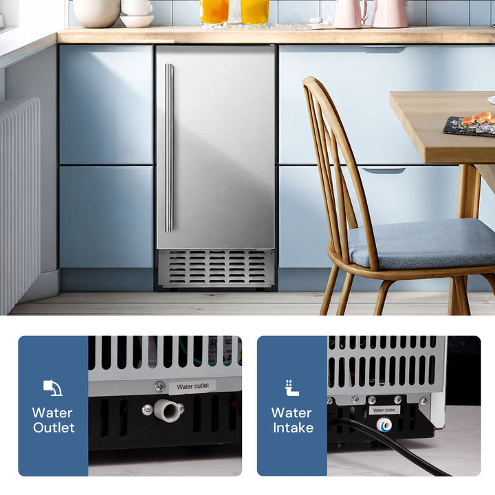 A stainless steel under-counter refrigerator shown installed in a kitchen setting, with two inset close-up panels at the bottom highlighting water inlet and water outlet connections.