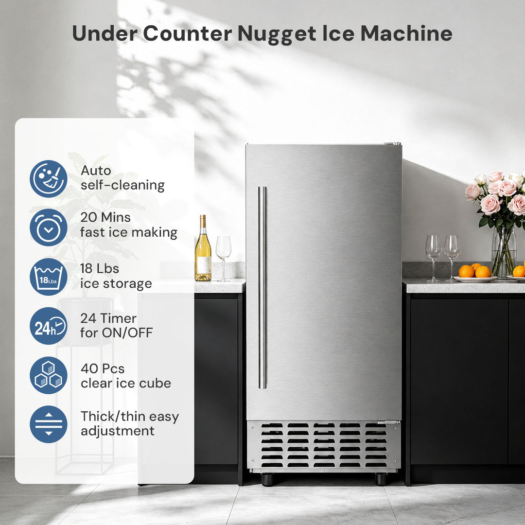 Under counter nugget ice machine in a kitchen setting, featuring a stainless steel refrigerator-style unit with a vertical handle and vented metal base. A white information panel on the left lists features like auto self-cleaning, 20 mins fast ice making, 18 lbs ice storage, 24 hour timer, 40 clear ice cubes, and thick/thin easy adjustment.