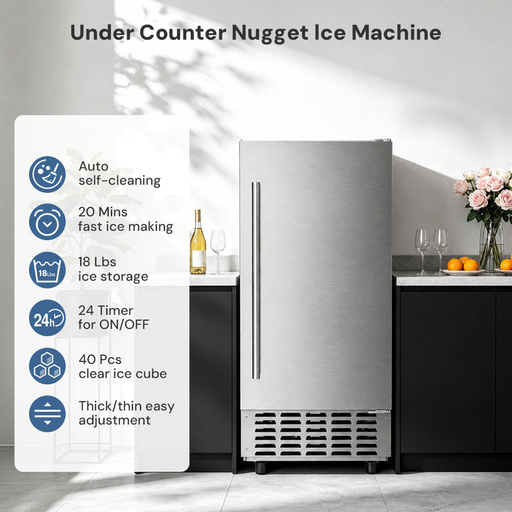 Under counter nugget ice machine in a kitchen setting, featuring a stainless steel refrigerator-style unit with a vertical handle and vented metal base. A white information panel on the left lists features like auto self-cleaning, 20 mins fast ice making, 18 lbs ice storage, 24 hour timer, 40 clear ice cubes, and thick/thin easy adjustment.