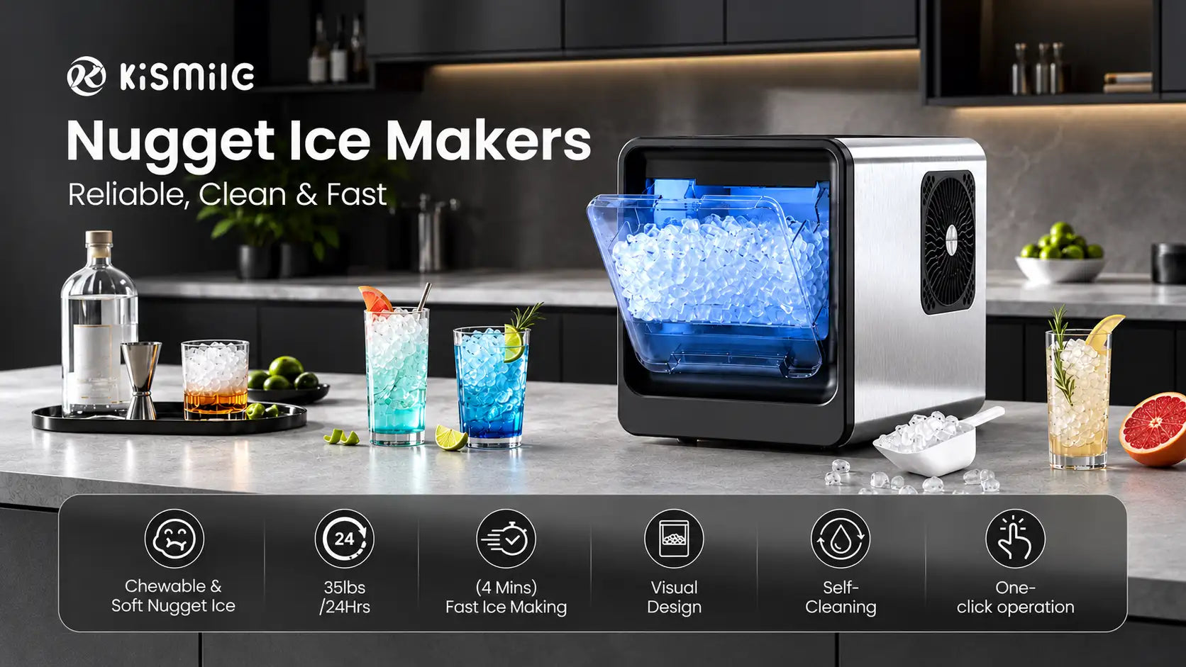 Kismile nugget ice maker feature banner showing chewable soft nugget ice, 35 lbs/24 hrs ice making, 4-minute fast ice production, self-cleaning, and one-click operation.