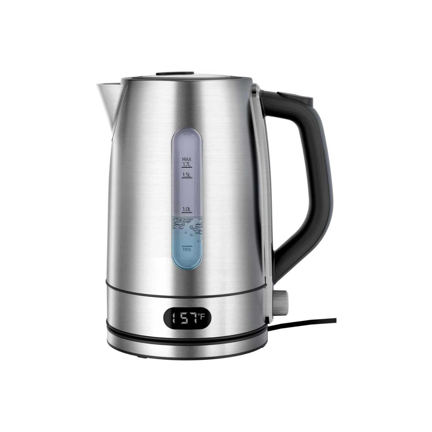 Stainless steel electric kettle with digital display on a white background