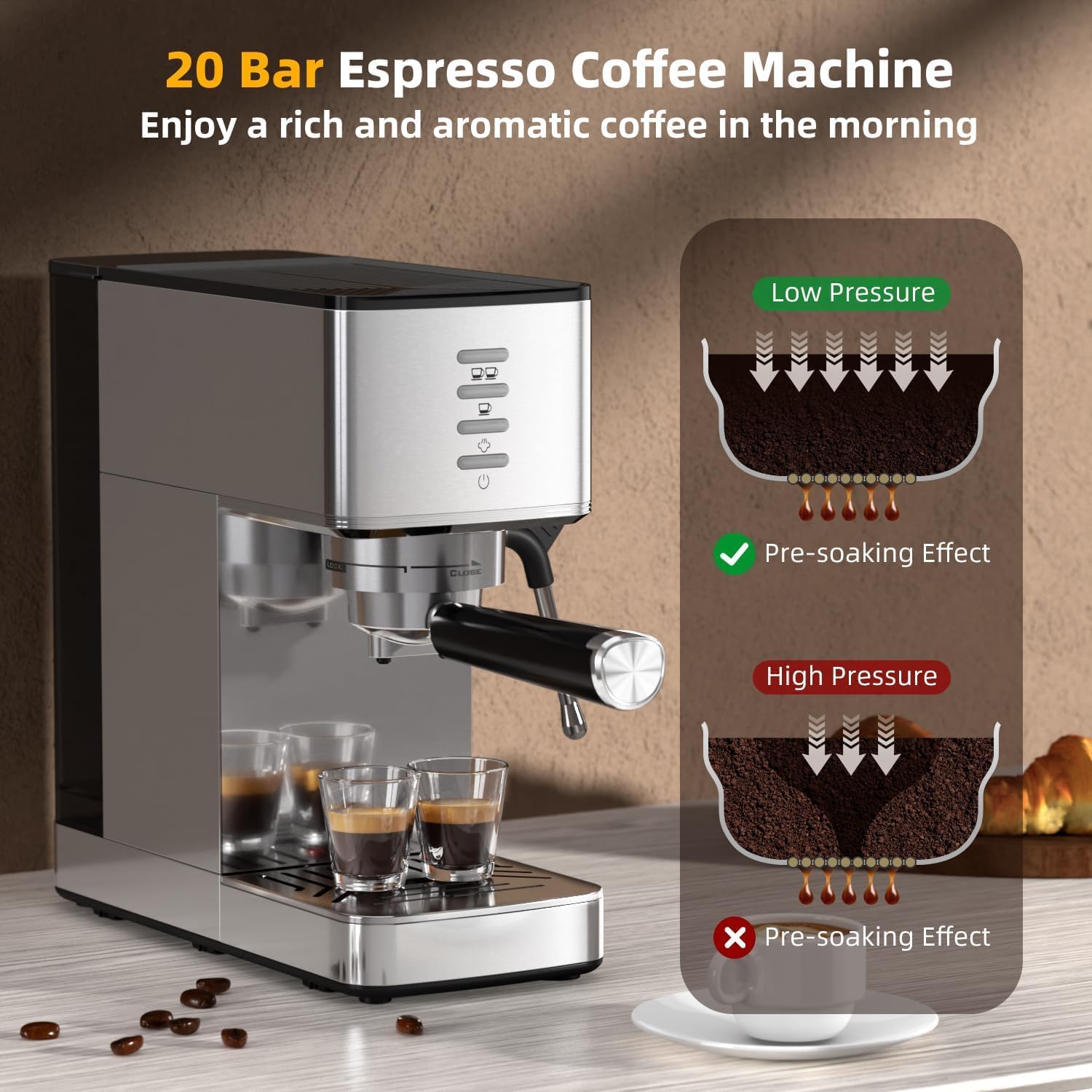 Kismile Espresso Machine 20 Bar, with Milk Frother Steam Wand