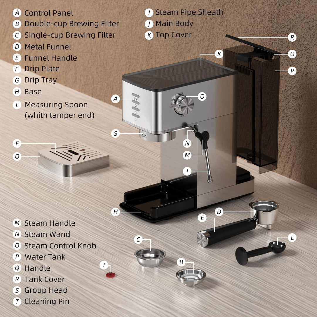 Kismile Espresso Machine 20 Bar, with Milk Frother Steam Wand CM8032 - Kismile