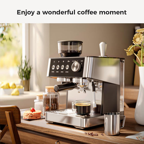 Kismile Espresso Machine, Semi - Automatic Coffee Maker with Bean Grinder and Milk Frother Steam Wand - Kismile