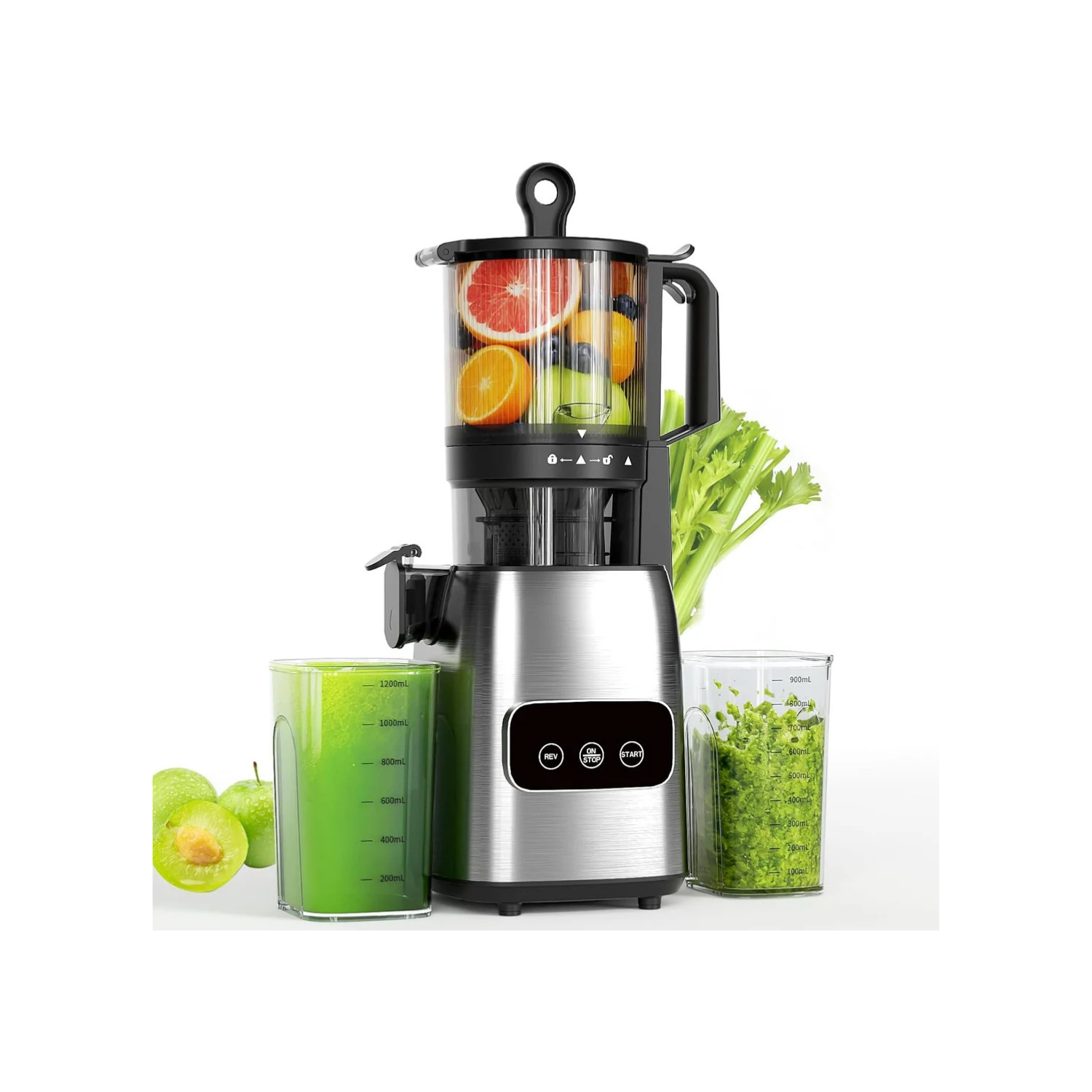 Juicer with fruits and vegetables on a white background