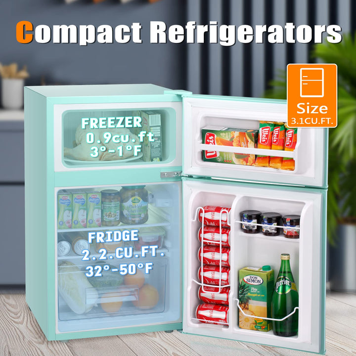 Kismile Mini Fridge 3.1Cu.Ft Compact Refrigerator 2-Doors Freezer Low Noise Defrost Storage of Beverages Vegetables Fruits Kitchen Living Room Office Dormitory Green - Kismile