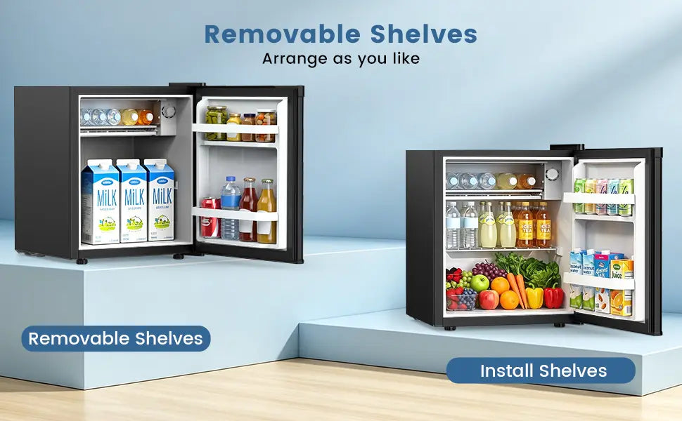 Kismile mini fridge with adjustable removable shelves for flexible food and beverage storage