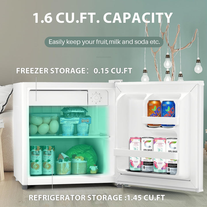 Kismile Mini Fridge with Freezer, 1.6 Cu.ft Mini Refrigerators with Removable Shelves, Adjustable Thermostat, Reversible Single Door, Small Refrigerator for Bedroom/Office/Home - Kismile