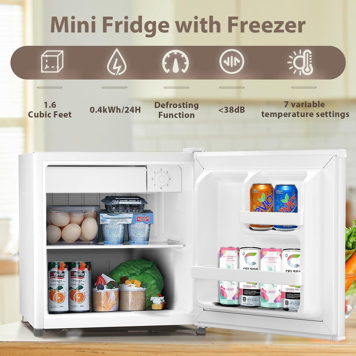 Kismile Mini Fridge with Freezer, 1.6 Cu.ft Mini Refrigerators with Removable Shelves, Adjustable Thermostat, Reversible Single Door, Small Refrigerator for Bedroom/Office/Home - Kismile