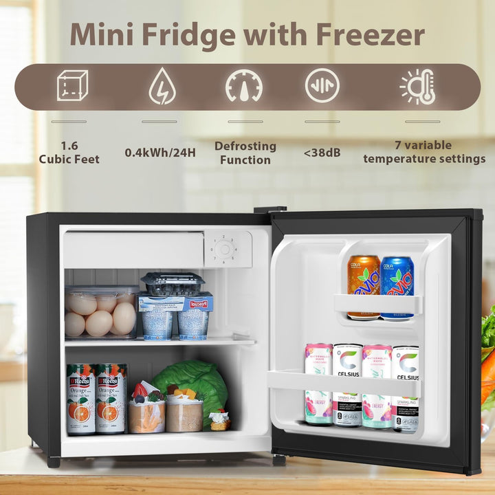 Kismile Mini Fridge with Freezer, 1.6 Cu.ft Mini Refrigerators with Removable Shelves, Adjustable Thermostat, Reversible Single Door, Small Refrigerator for Bedroom/Office/Home - Kismile