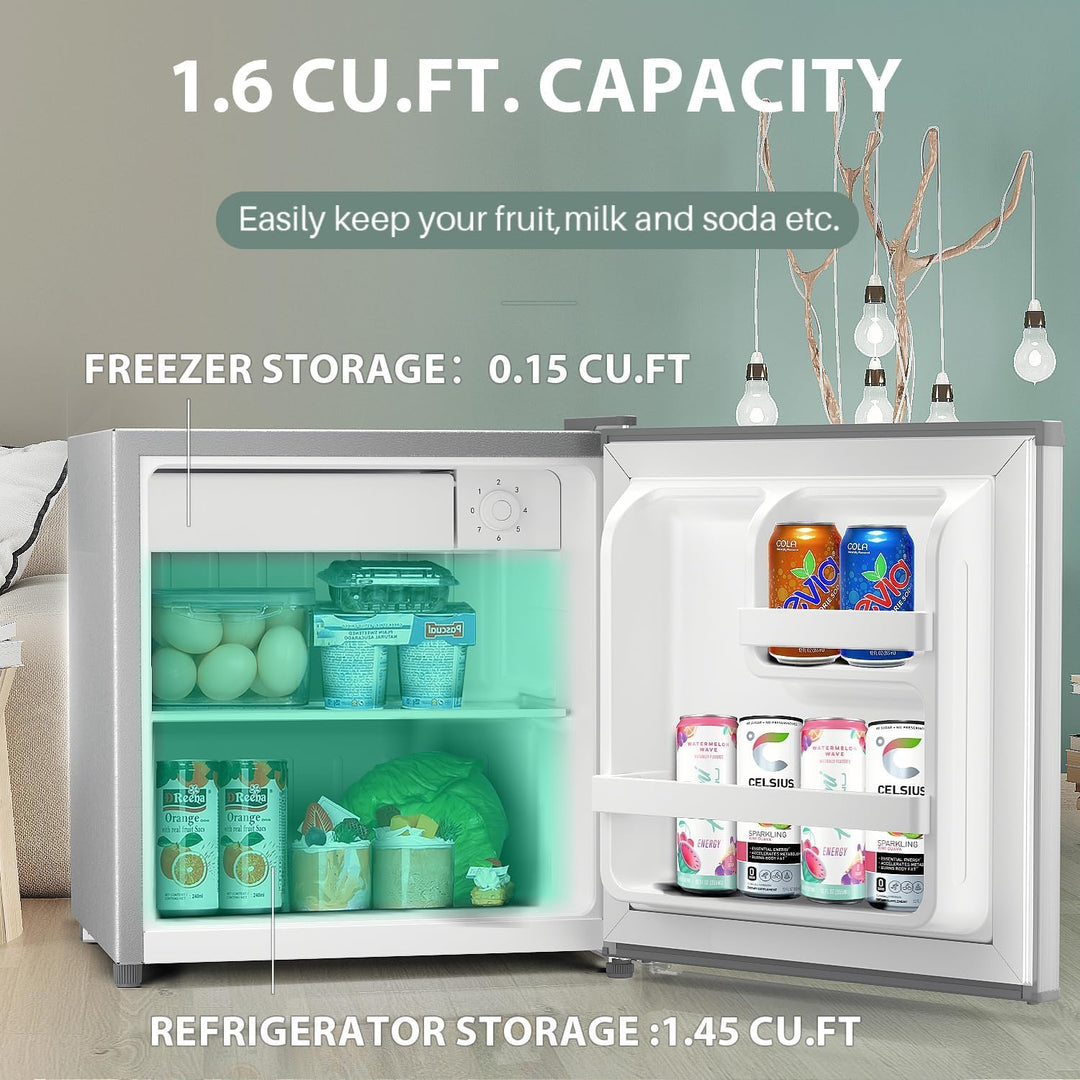 Kismile Mini Fridge with Freezer, 1.6 Cu.ft Mini Refrigerators with Removable Shelves, Adjustable Thermostat, Reversible Single Door, Small Refrigerator for Bedroom/Office/Home - Kismile