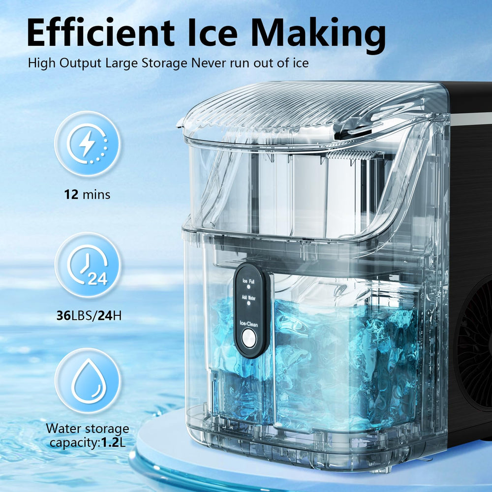 Kismile Nugget Countertop Ice Maker with Soft Chewable Pellet Ice, Pebble Portable Ice Machine, 36Lbs/24H, Self-Cleaning, Sonic Ice Maker, One Button Operation, for Kitchen,Office Stainless Steel Black - Kismile