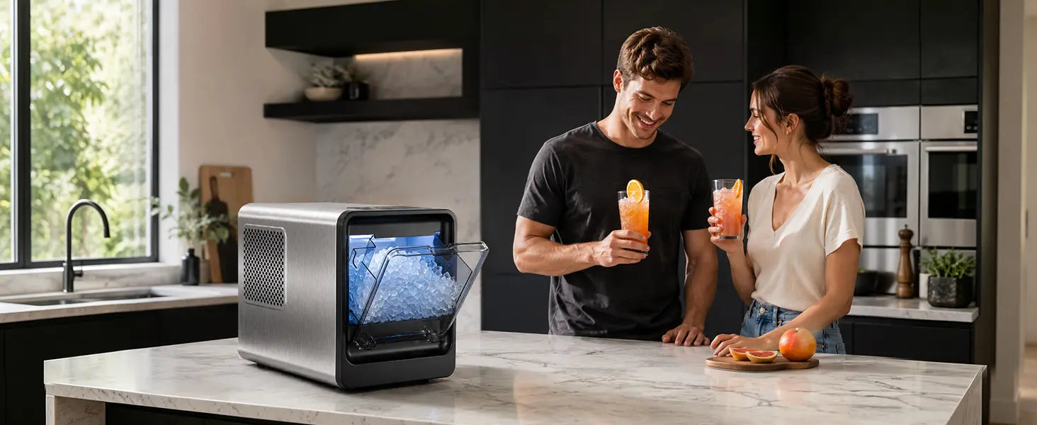 
                        Kismile nugget ice maker in a modern home kitchen, serving fresh nugget ice for everyday drinks.
                      