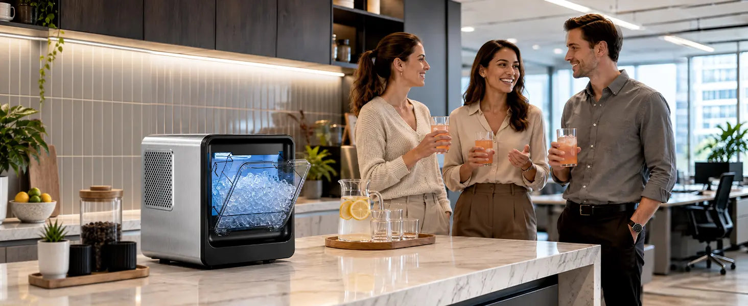 
                        Kismile nugget ice maker in a modern office break area, serving fresh nugget ice for drinks during the workday.
                      