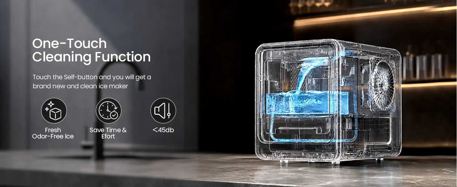 
                        Kismile nugget ice maker with one-touch self-cleaning function, fresh odor-free ice, time-saving operation, and low noise below 45 dB.
                      