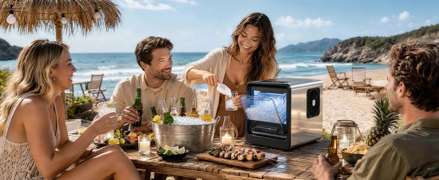 
                        Kismile nugget ice maker at an outdoor party, serving fresh nugget ice for drinks and gatherings.
                      