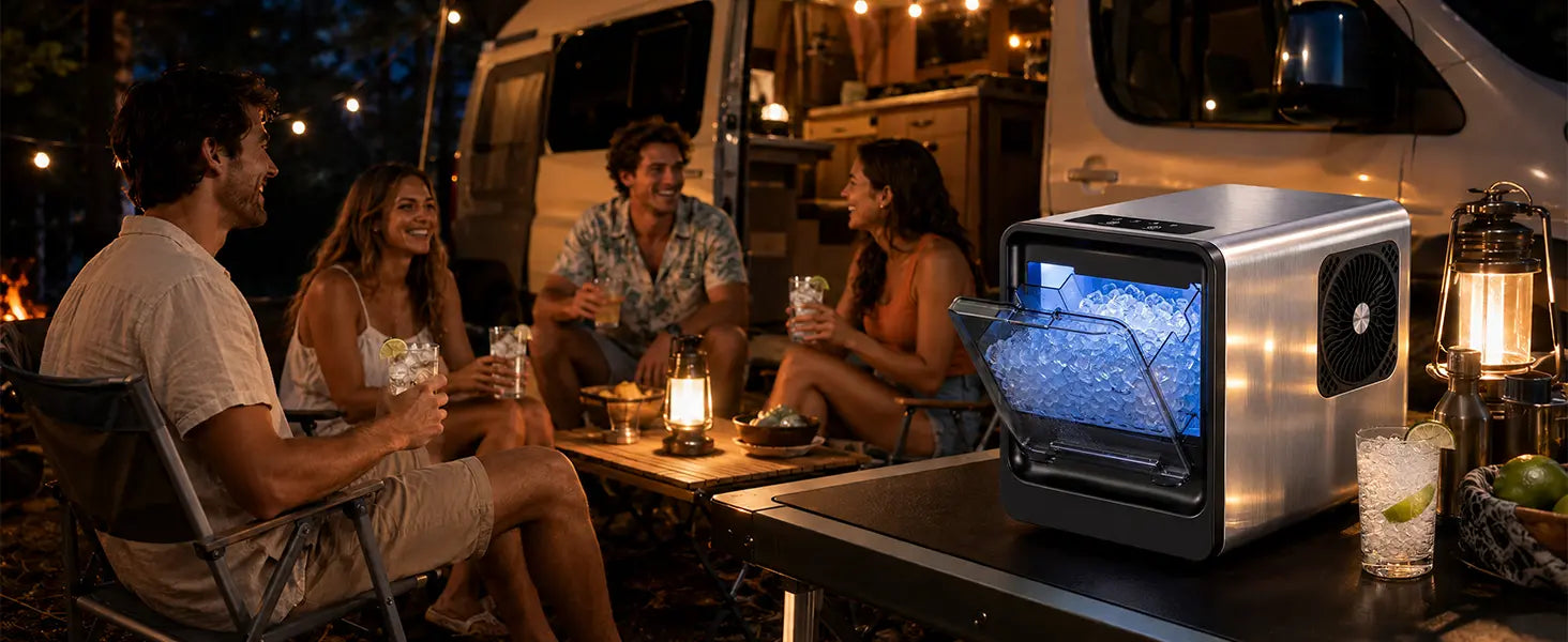 
                        Kismile nugget ice maker beside an RV at a campsite, serving fresh nugget ice for drinks during outdoor trips.
                      