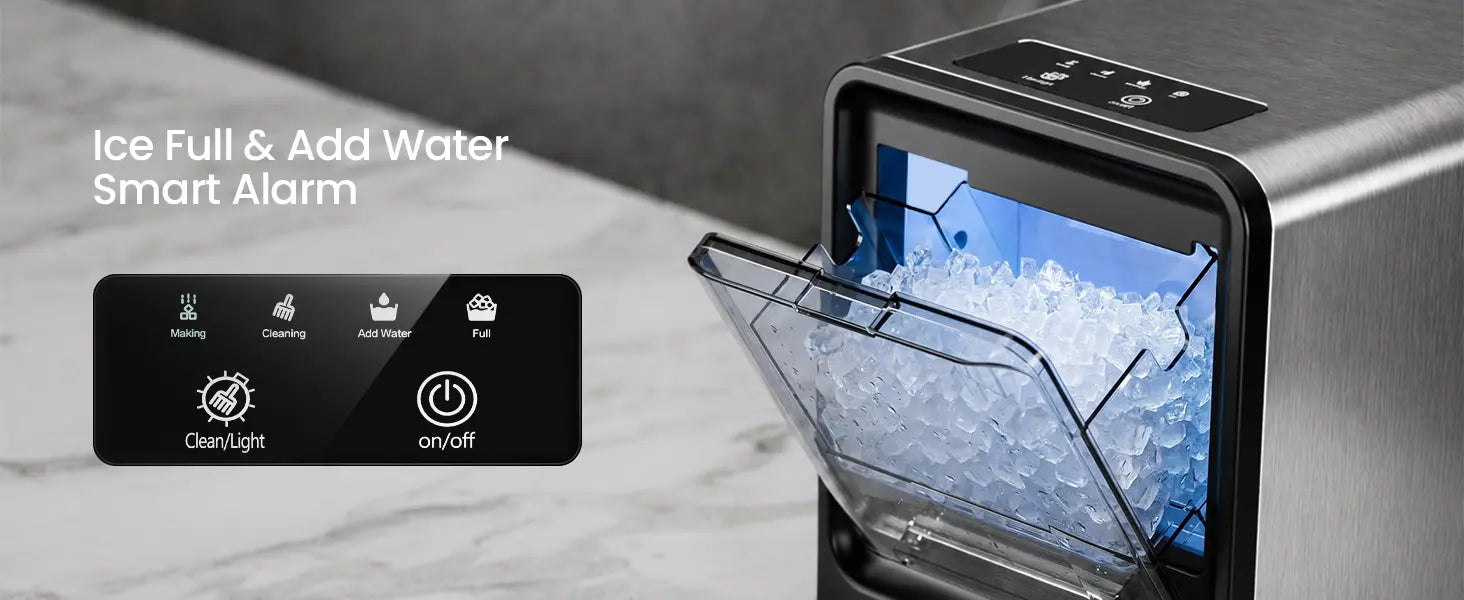 
                        Kismile nugget ice maker with smart ice-full and add-water alerts, easy controls, and a clear status display.
                      