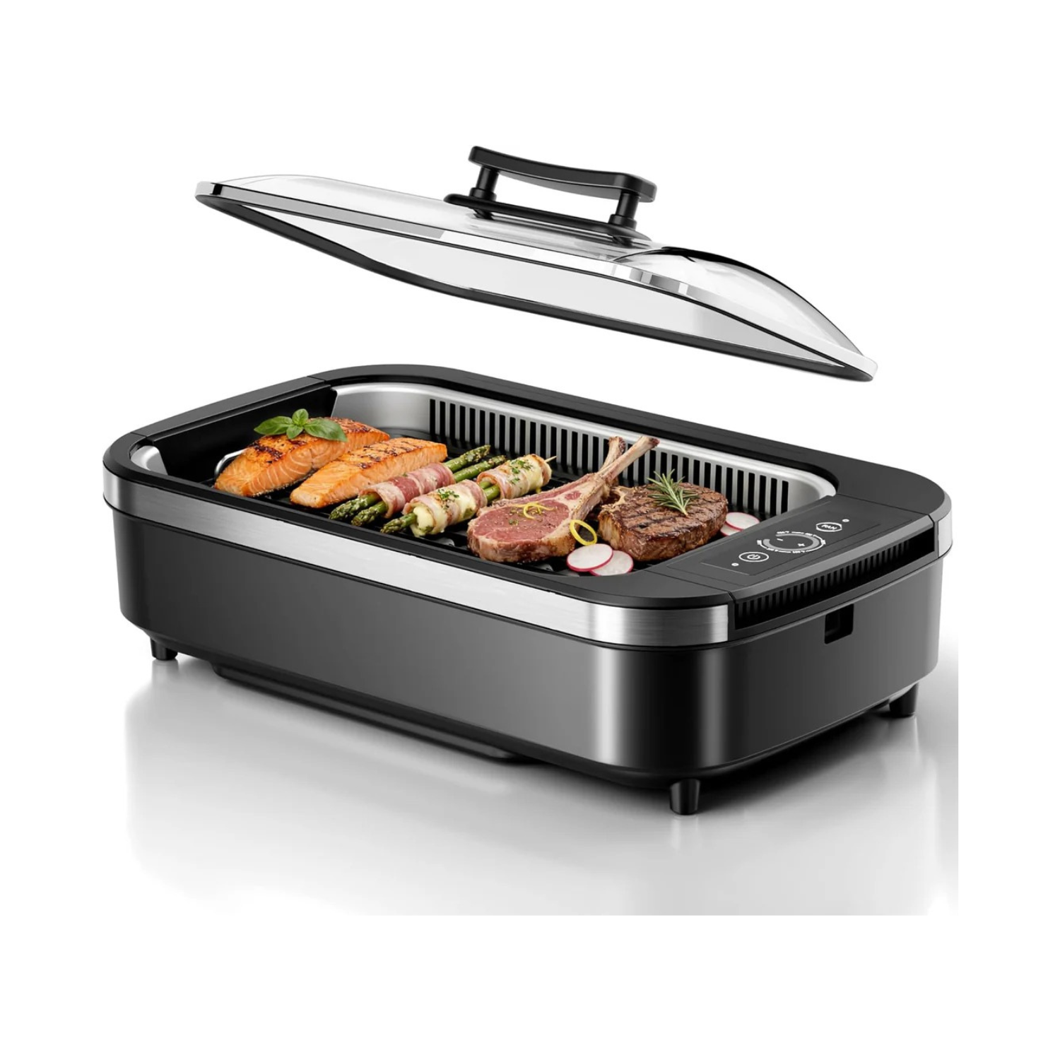 Black and silver electric grill with food on a white background