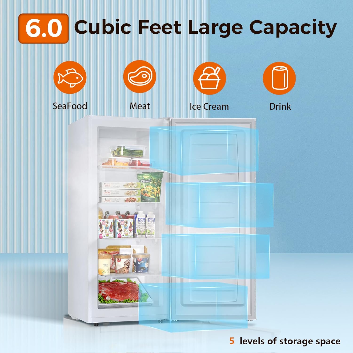 Kismile Upright Freezer, 6.0 Cu.ft Deep Freezer D58165-WHITE - Kismile