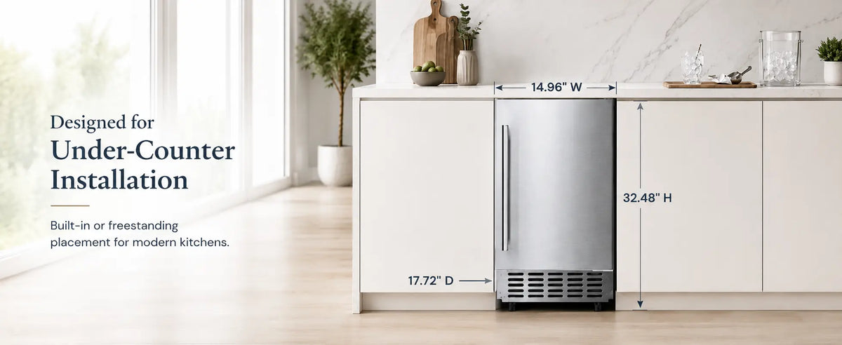 Kismile Z5830N under counter nugget ice maker installed in a modern kitchen with 14.96-inch width, 17.72-inch depth, and 32.48-inch height