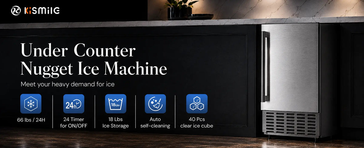 Kismile Z5830N under counter nugget ice machine with 66 lbs daily ice production, 18 lbs storage, 24-hour timer and self-cleaning