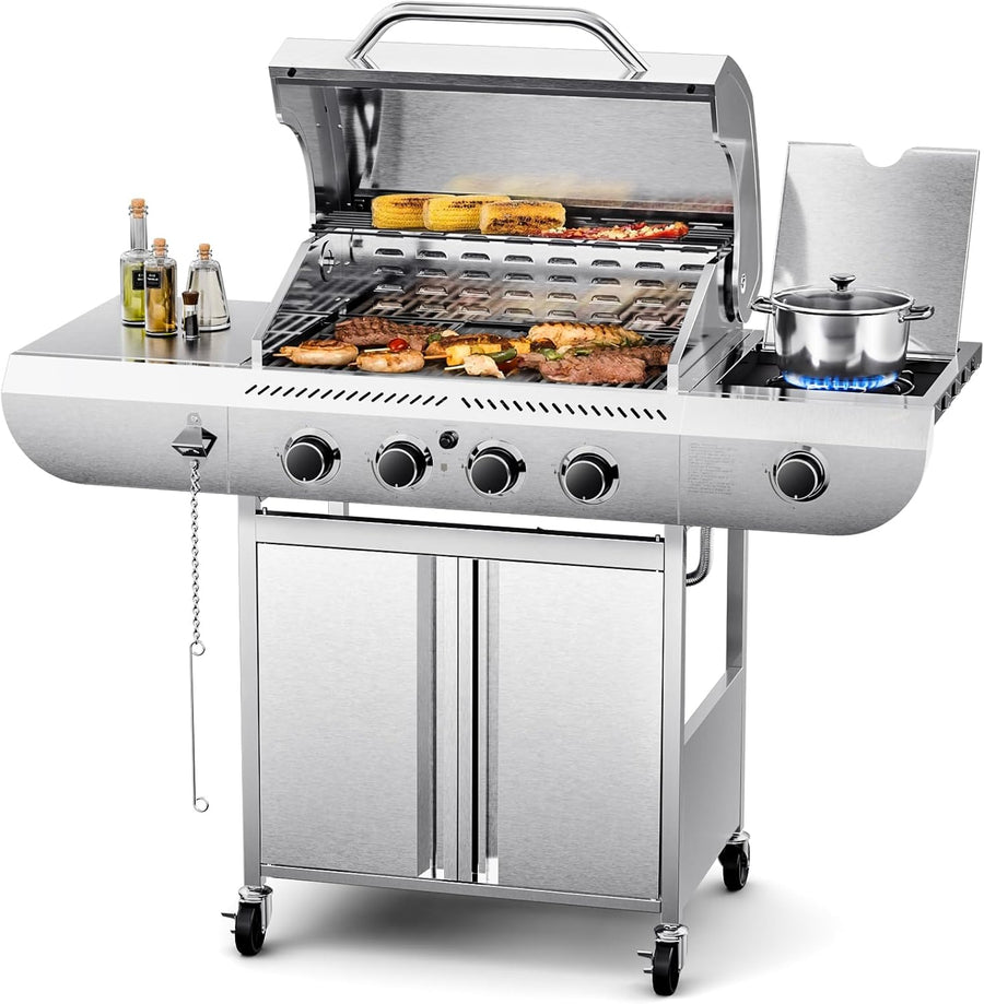 4-Burner BBQ Propane Gas Grill, 42,000 BTU Stainless Steel Barbecue Propane Grill with Side Burner 