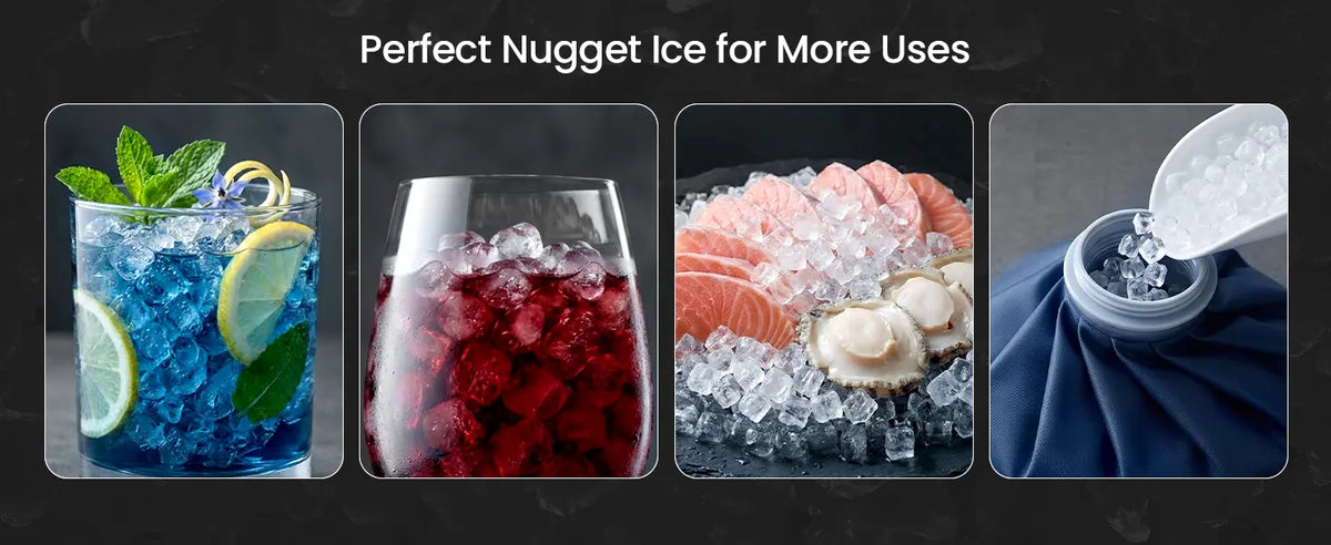Nugget ice for drinks, seafood cooling, and cold therapy