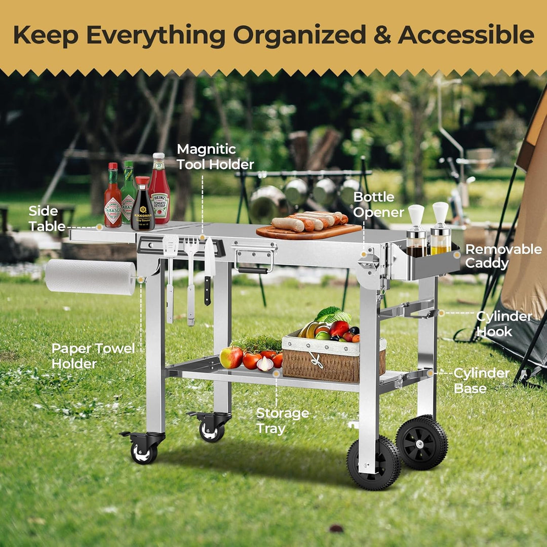 Portable Folding Grill Prep Table with Wheels, Stainless Steel BBQ Grill Stand for Camping, Tailgating and Outdoor Cooking T0130SA - Kismile