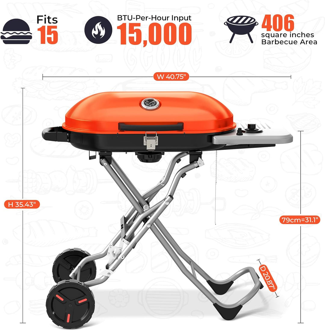 Portable Propane Gas Grill, 15000BTUS,BBQ Gas Grill with 348 SQ Inch Large Cooking Areas, Sturdy Quick - Fold Legs, Portable & Foldable Gas Grill for Outdoor Camping/Tailgating/Picnic - Kismile