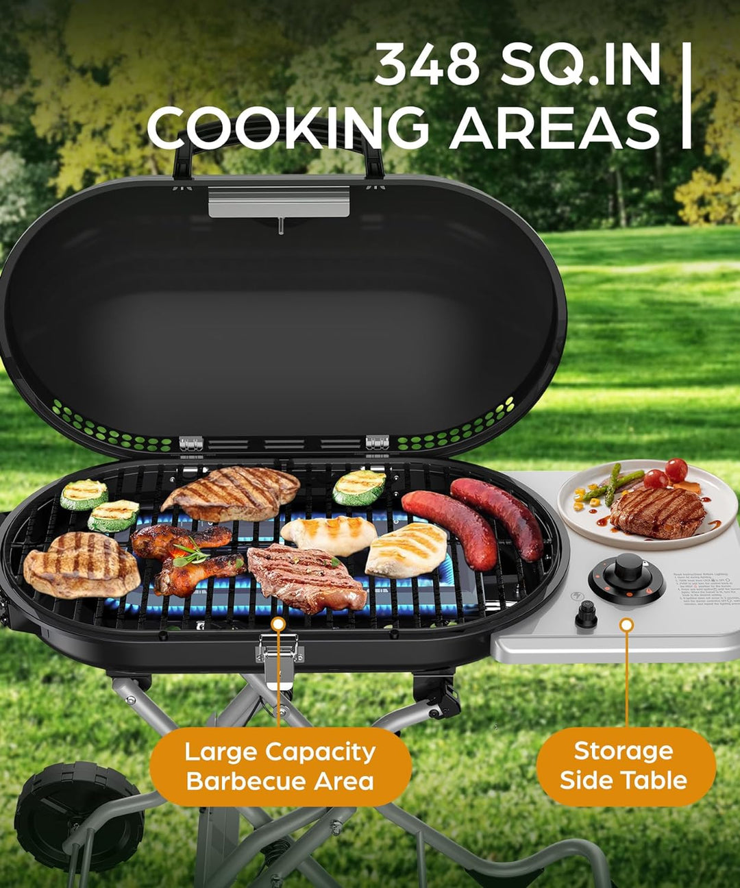 Portable Propane Gas Grill, 15000BTUS,BBQ Gas Grill with 348 SQ Inch Large Cooking Areas, Sturdy Quick - Fold Legs, Portable & Foldable Gas Grill for Outdoor Camping/Tailgating/Picnic, Black - Kismile