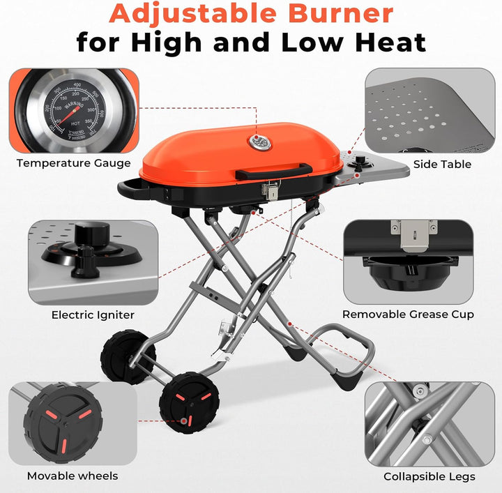 Portable Propane Gas Grill, 15000BTUS,BBQ Gas Grill with 348 SQ Inch Large Cooking Areas, Sturdy Quick - Fold Legs, Portable & Foldable Gas Grill for Outdoor Camping/Tailgating/Picnic - Kismile