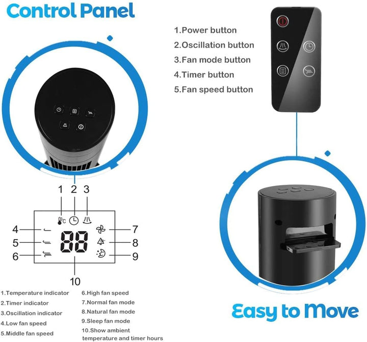 Tower Fan Portable Electric Oscillating Fan Quiet Cooling Remote Control Standing Bladeless Floor Fans 3 Speeds Wind Modes Timer - Kismile