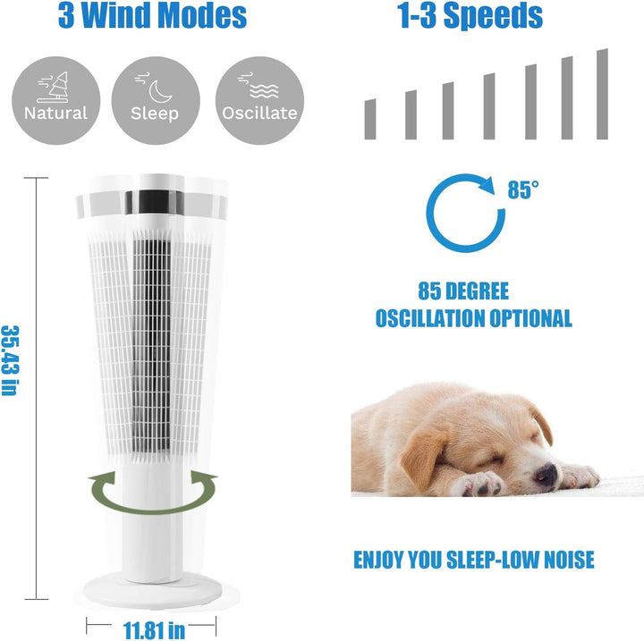 Tower Fan Portable Electric Oscillating Fan Quiet Cooling Remote Control Standing Bladeless Floor Fans 3 Speeds Wind Modes Timer - Kismile