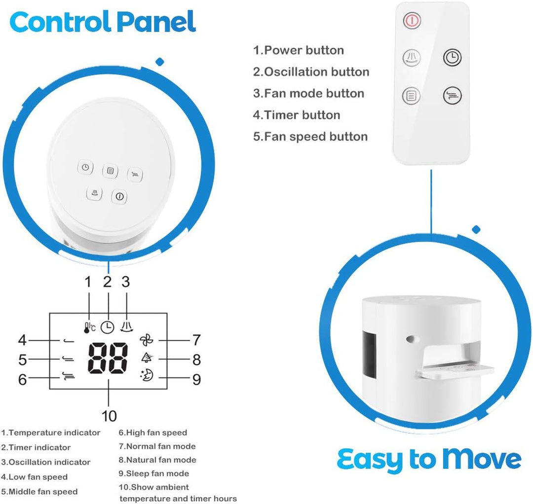 Tower Fan Portable Electric Oscillating Fan Quiet Cooling Remote Control Standing Bladeless Floor Fans 3 Speeds Wind Modes Timer - Kismile